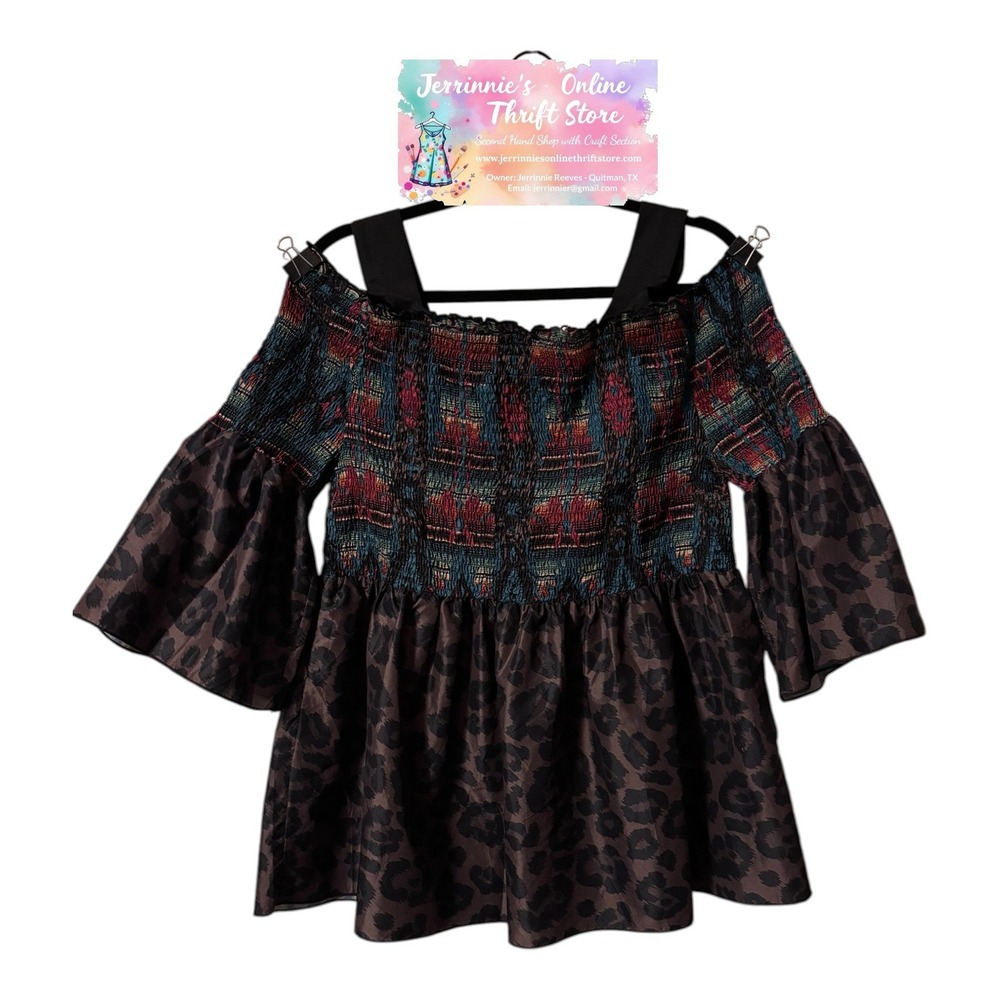 Crazy Train Womens 3XL Smocked Cold Shoulder Top Serape Leopard Mixed Print NWT - Picture 4 of 5